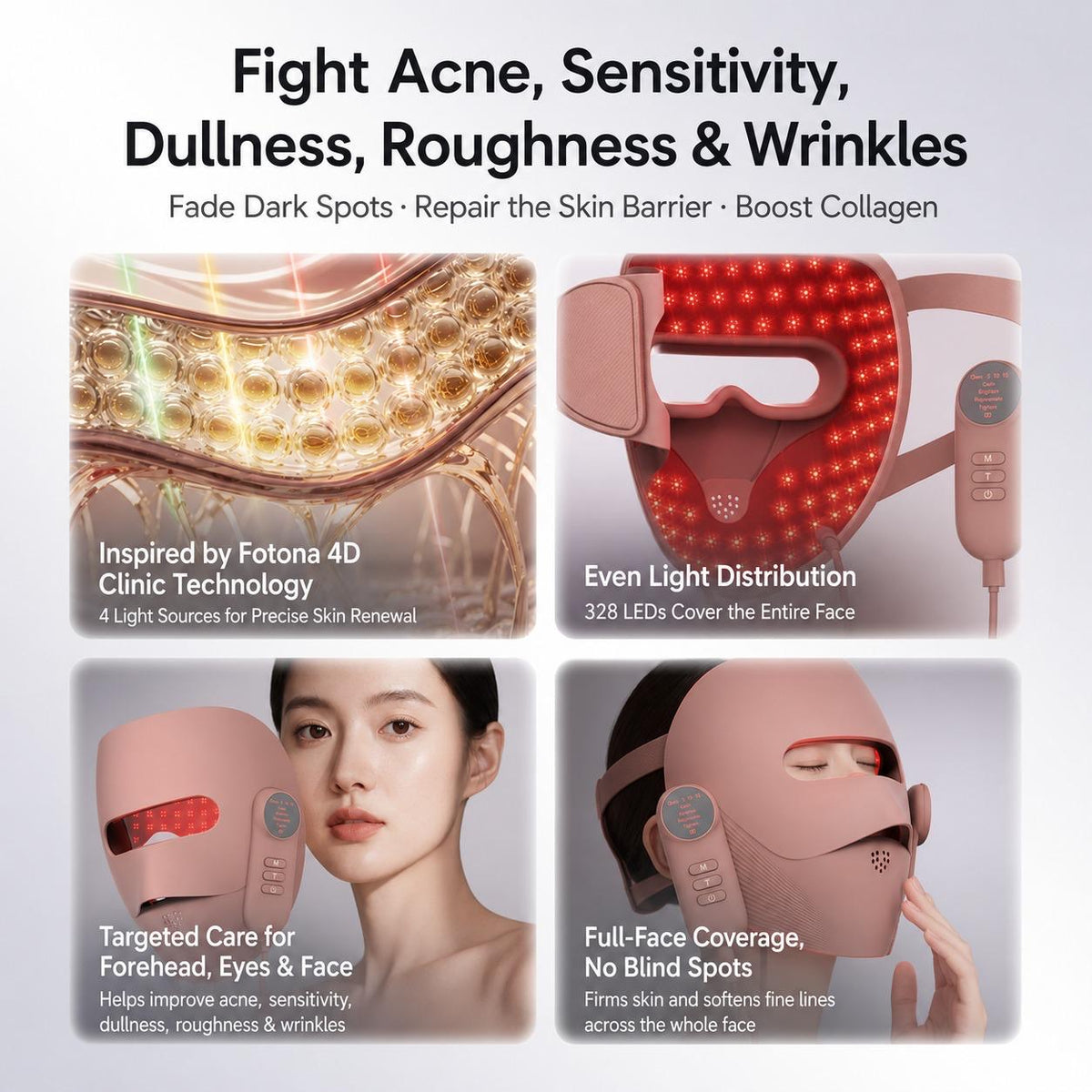 LED face mask benefits - 328 LEDs give even full-face light coverage for the forehead, eyes and face to target dullness, roughness and fine lines