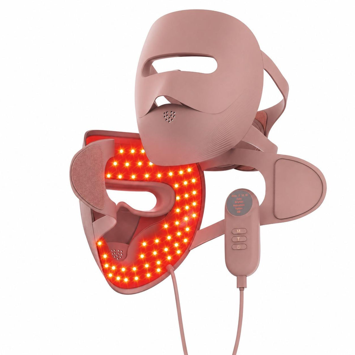Dermaskin LED light therapy face mask in soft pink silicone with red light mode and handheld controller